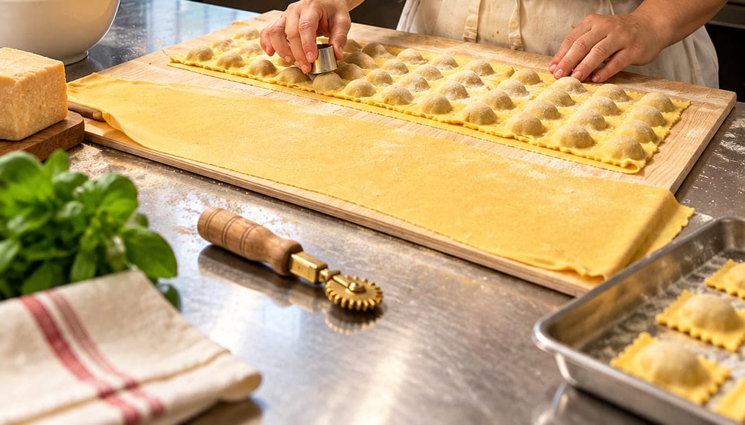 Ravioli tagliati a mano su un tagliere di legno, con la rotella e il basilico accanto.